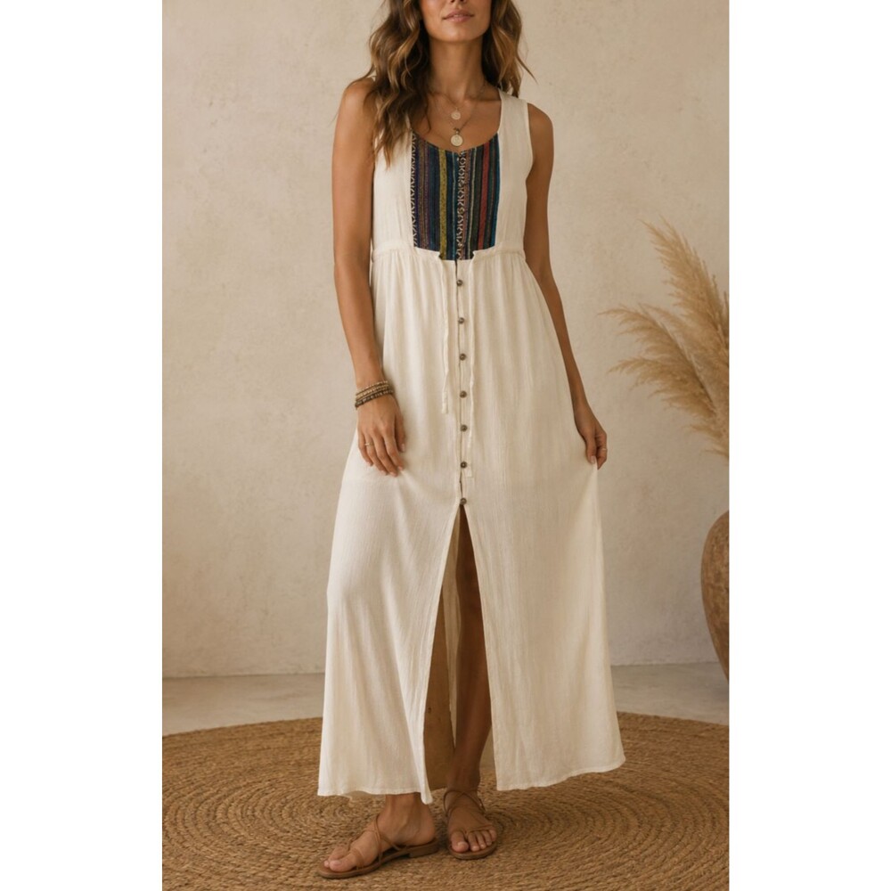 Entro Dress Womens Medium Cream Sleeveless Maxi Boho Festival Southwestern